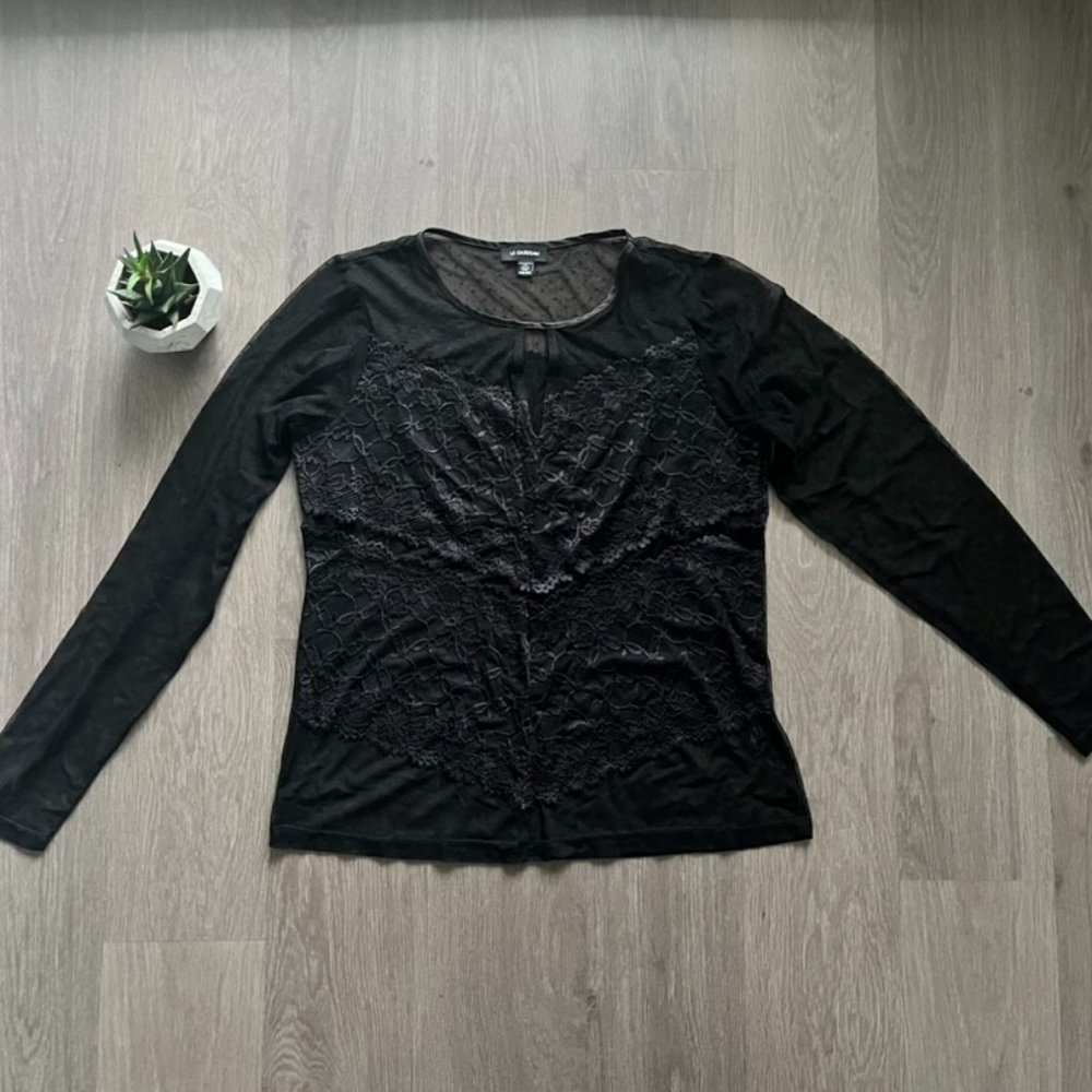 Le Chateau Black Lacey & Sheer Long Sleeve Shirt
